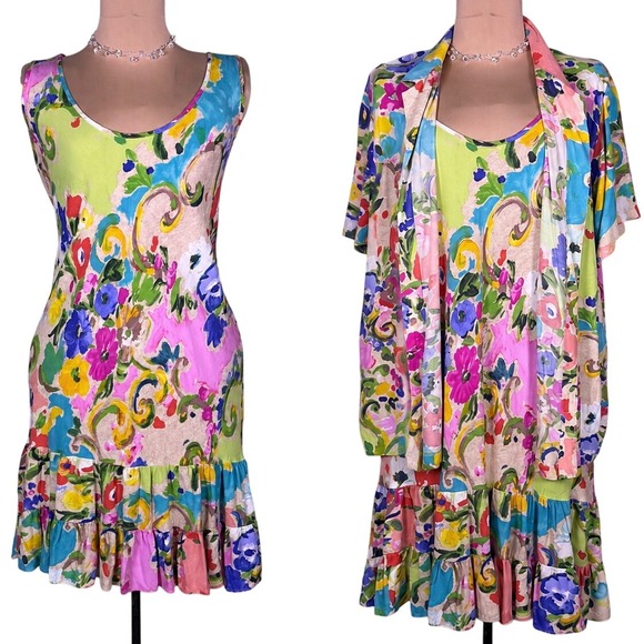 Jams World Dresses & Skirts - Vtg Jams World Dress & Shirt 2XL Flower Kiss Pattern Ruffle Hawaiian Resortwear